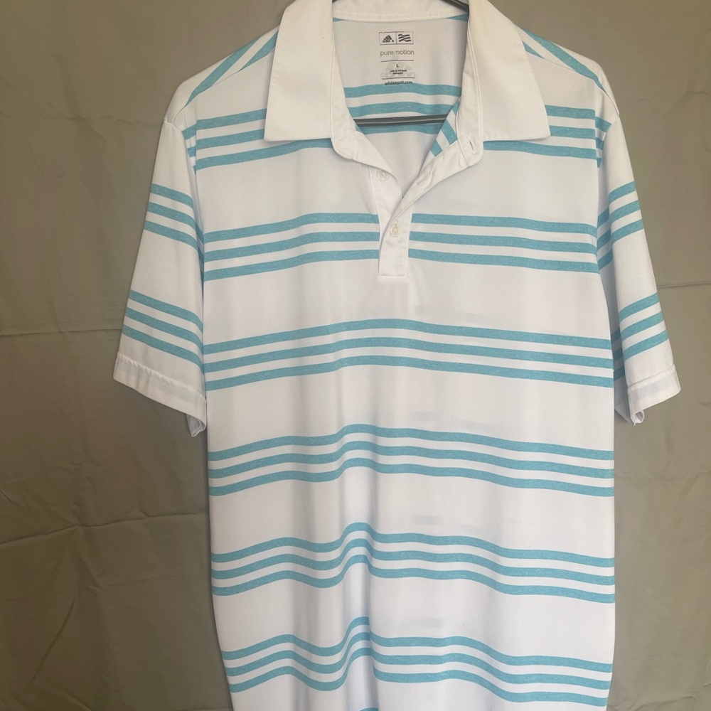 adidas White and Aqua Striped Polo Shirt